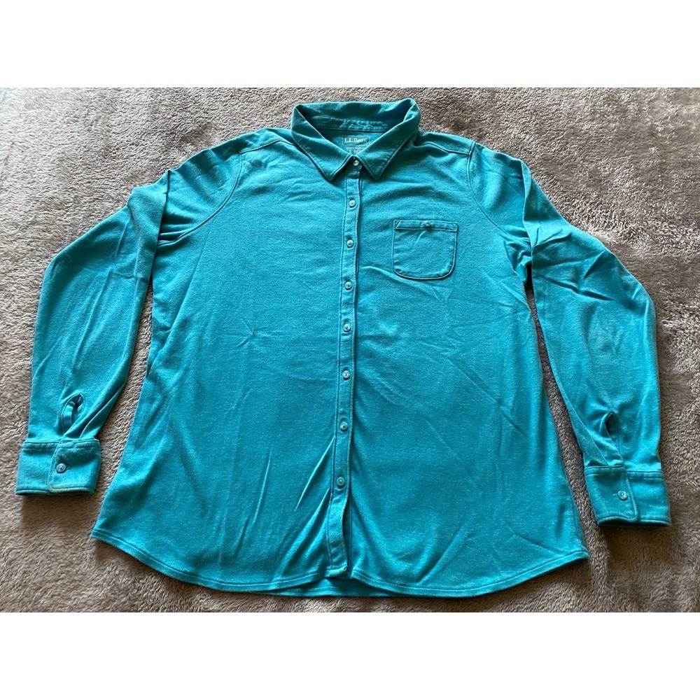 LL Bean Button Soft Flannel Fleece Teal Ocean Blue Women Large s65
